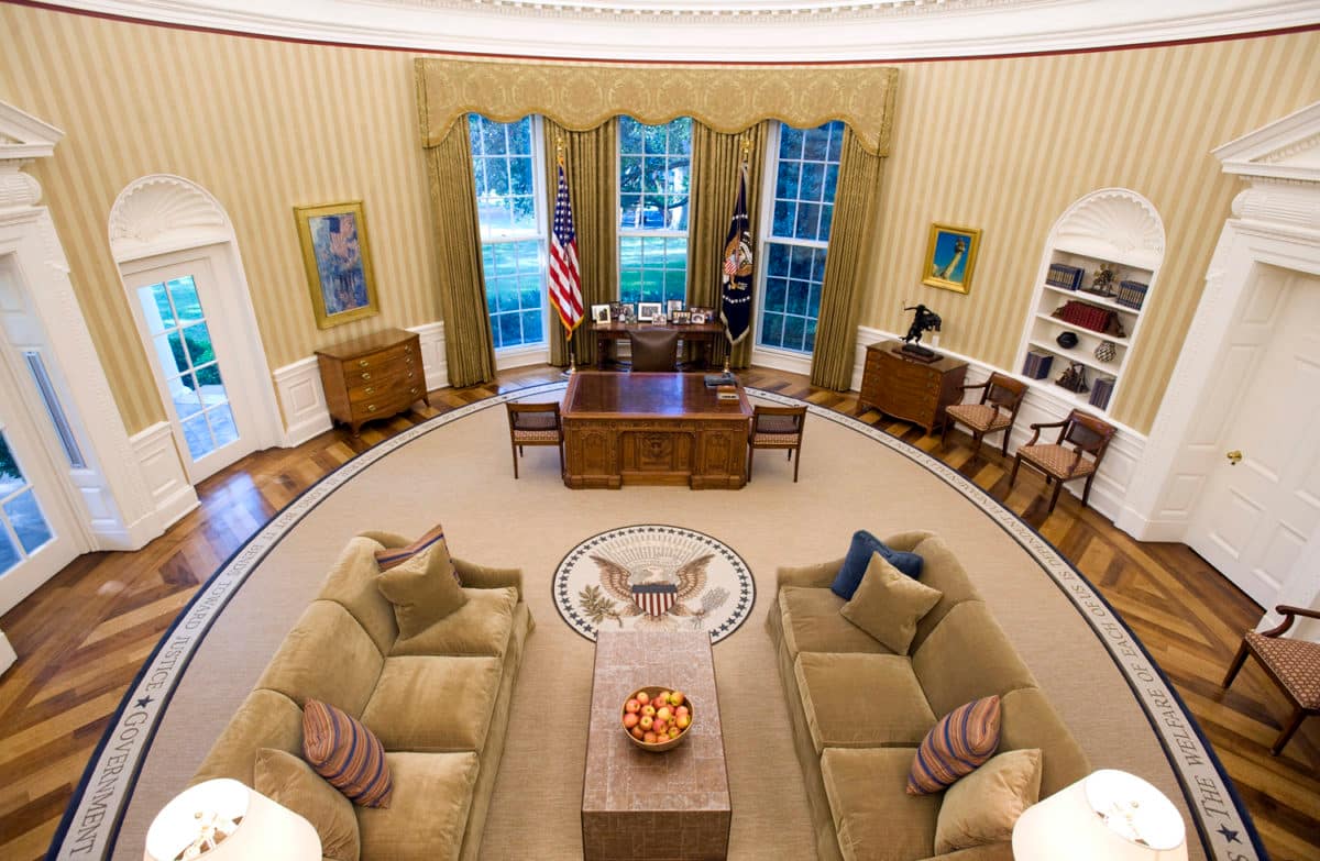 Image: The redecorated Oval Office of Obama has new carpeting, wallpaper and sofas at the White House in Washington