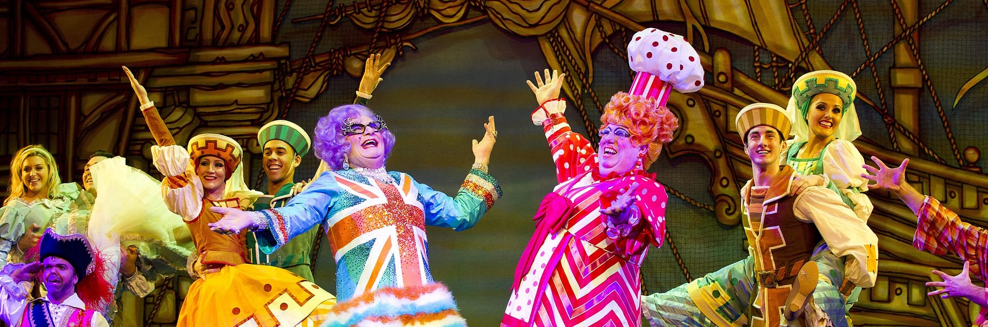Barry Humphries as Dame Edna Everage and Eric Potts (Sarah The Cook), centre, in Dick Whittington @ New Wimbledon Theatre
(Opening 15-12-11)
 Tristram Kenton 12/11
(3 Raveley Street, LONDON NW5 2HX TEL 0207 267 5550  Mob 07973 617 355)email: tristram@tristramkenton.com