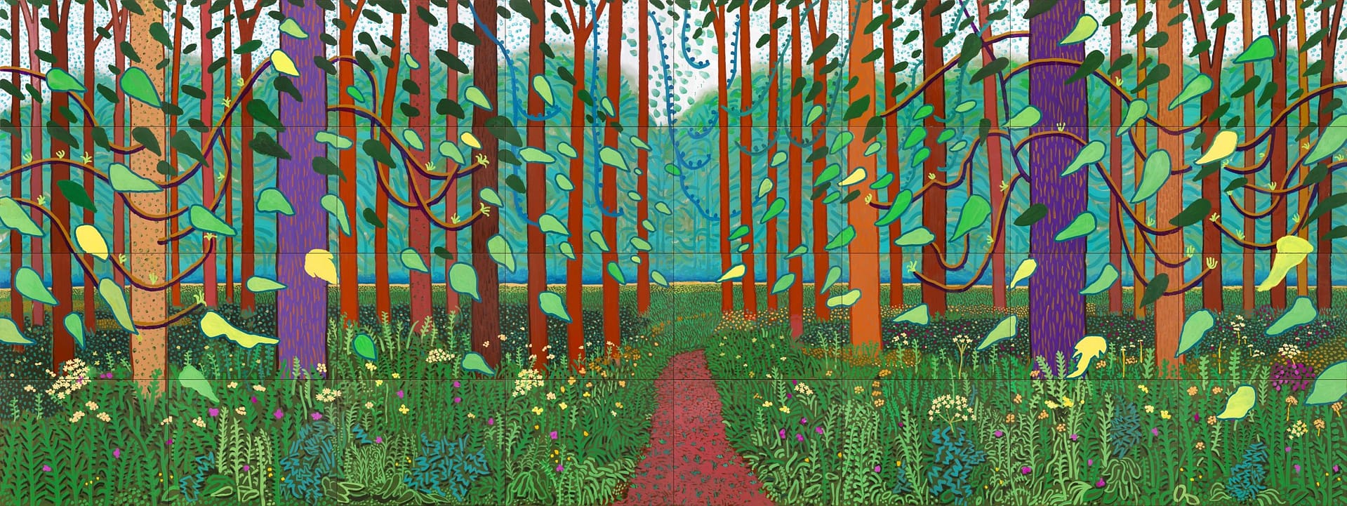 "THE ARRIVAL OF SPRING (ONE OF A 52 PART WORK)" 2011
OIL ON 32 CANVASES (36 X 48" EACH)
144 X 384" OVERALL
Â© DAVID HOCKNEY