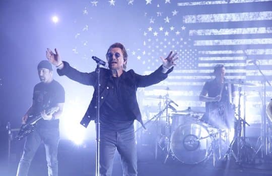 THE TONIGHT SHOW STARRING JIMMY FALLON -- Episode 0732 -- Pictured: (l-r) Musicians The Edge, Bono, and Larry Mullen Jr. of U2 perform "Bullet The Blue Sky" on September 7, 2017 -- (Photo by: Andrew Lipovsky/NBC)