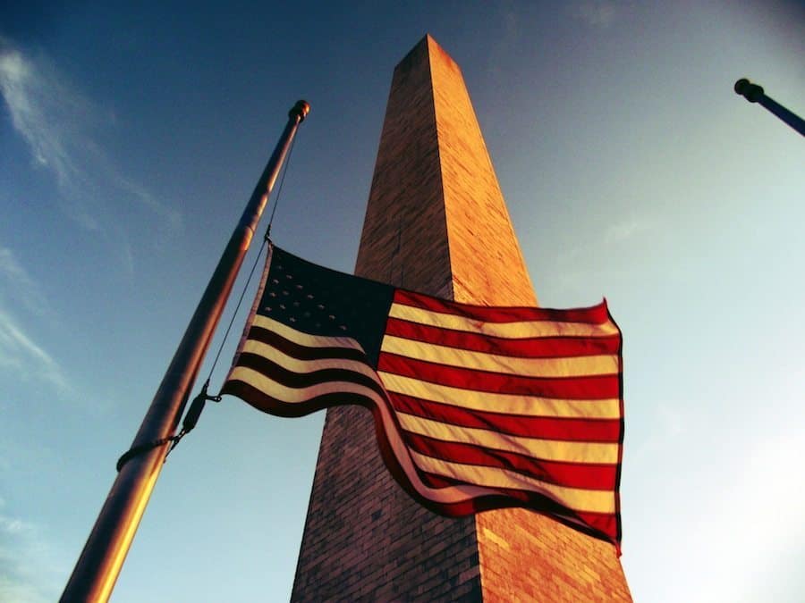Washington Monument seen from its base with US Flag at half mast. June 2012 by VIPSuperDave (Wiki Commons)
